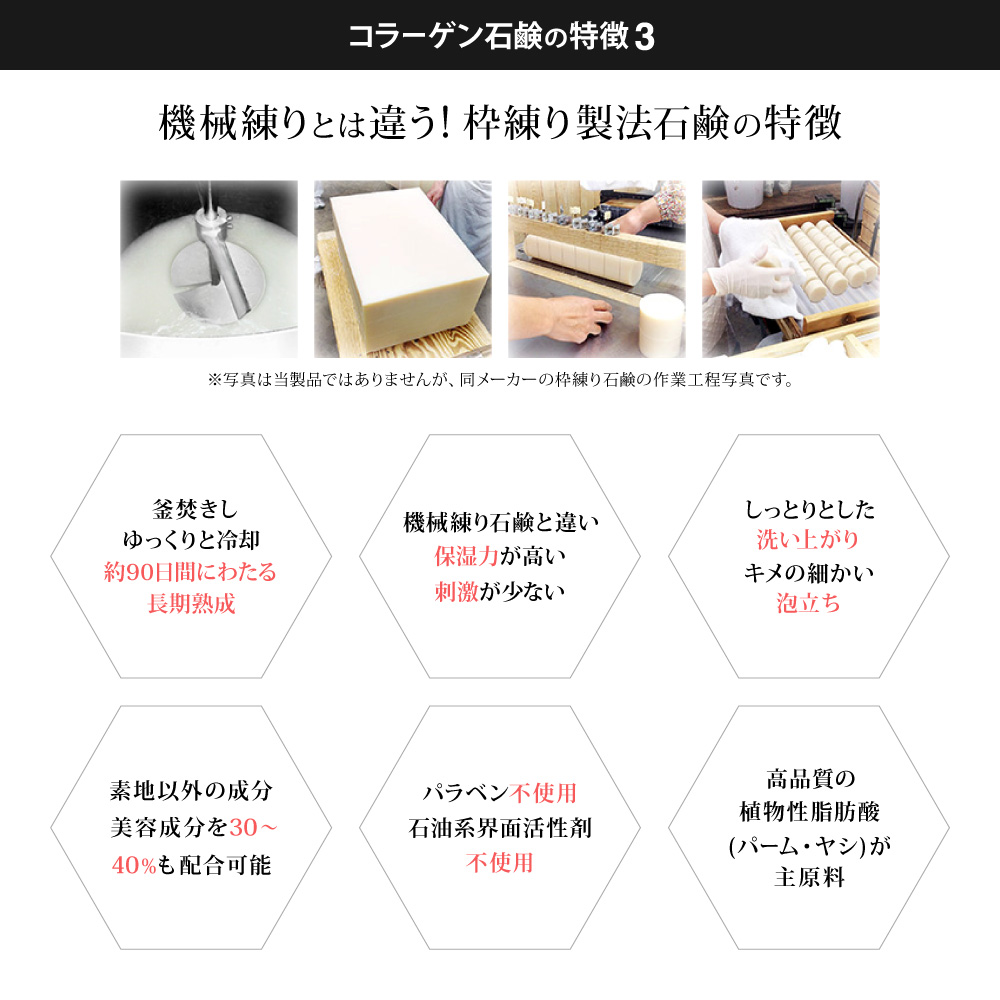 コラーゲン石鹸の特徴3：機械練りとは違う！枠練り製法石鹸の特徴