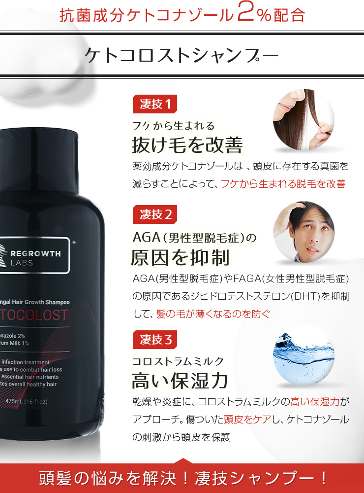 抗真菌成分のケトコナゾールを2％配合の [REGROWTH LABS] リグロースラボ ケトコロストシャンプーは、AGA（男性型脱毛症）・FAGA（女性男性型脱毛症）治療に有効です